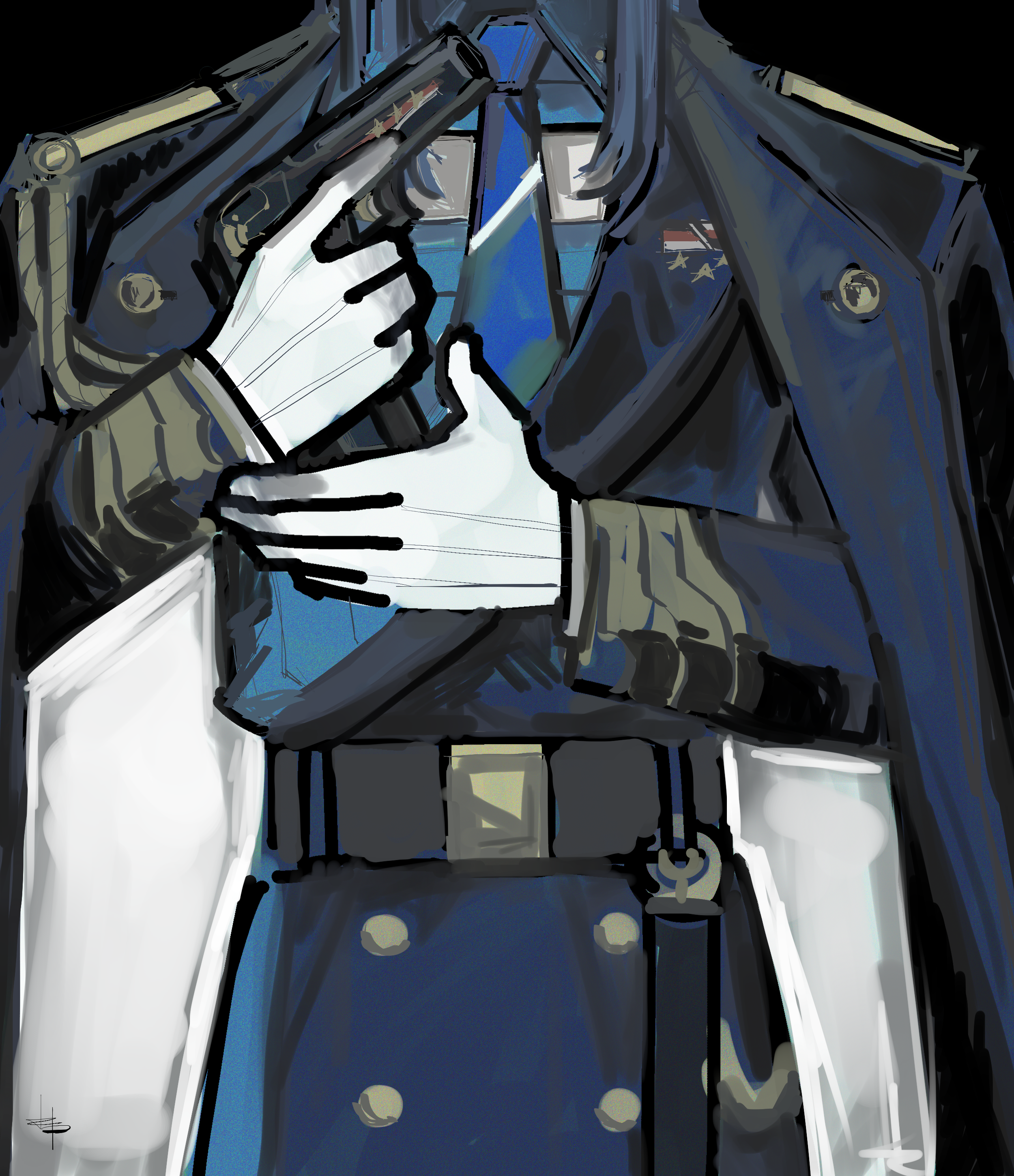 fanart of vtuber kronii in her commander outfit. her head and lower body are cropped out of the image and
	  she's reloading her pistol.